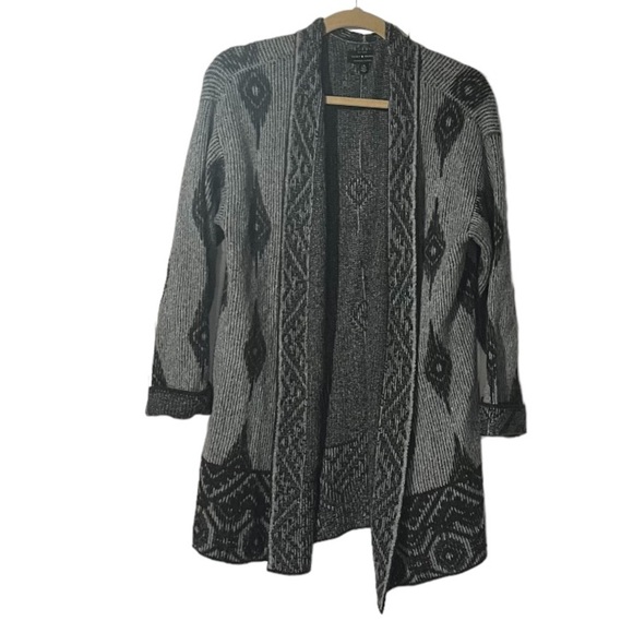 Lucky Brand Aztec Print Cardigan Open Sz Large Gray Black Long Line Tribal Wool - Picture 2 of 8